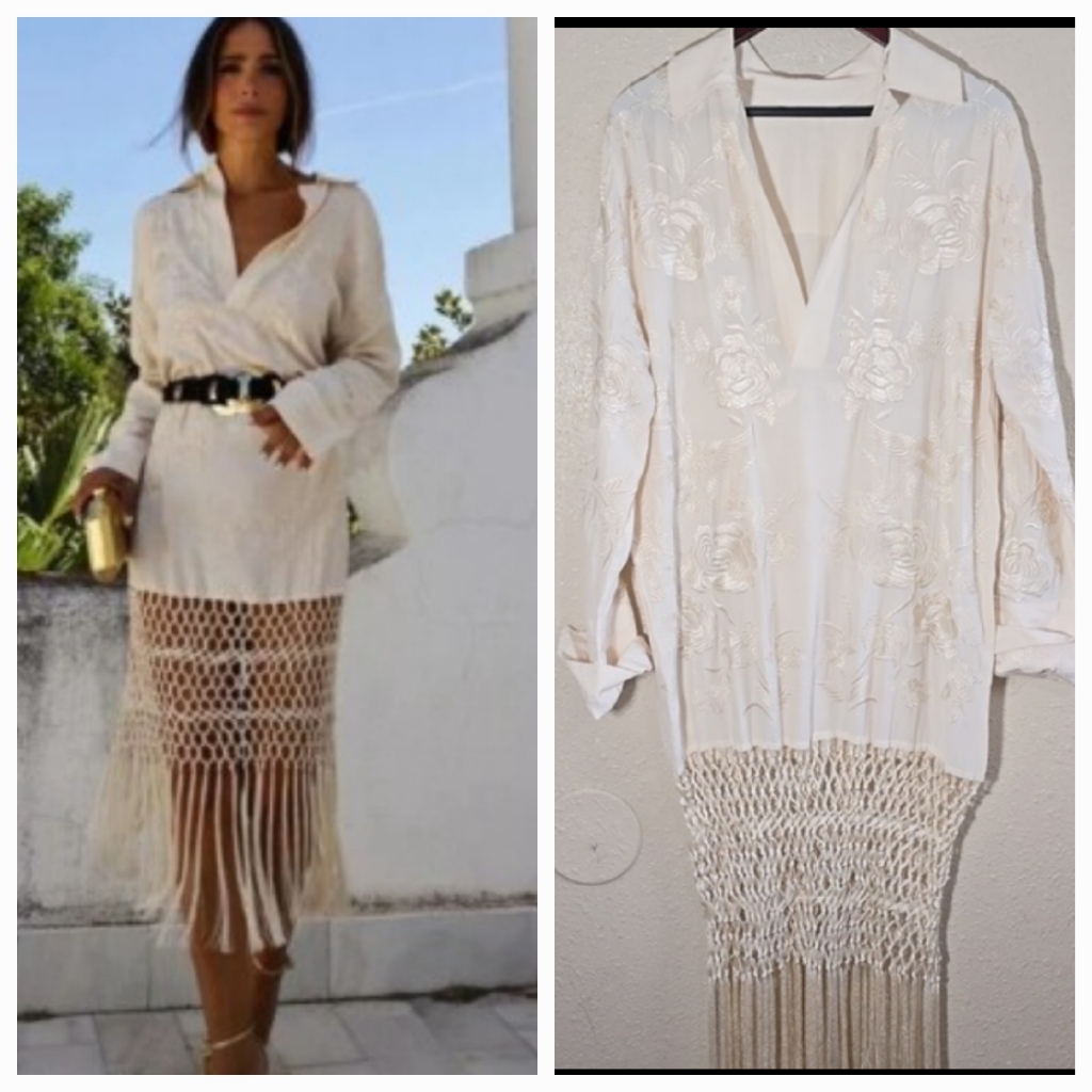 Zara Macrame Elegant Cream Embroidered Dress With Fringe